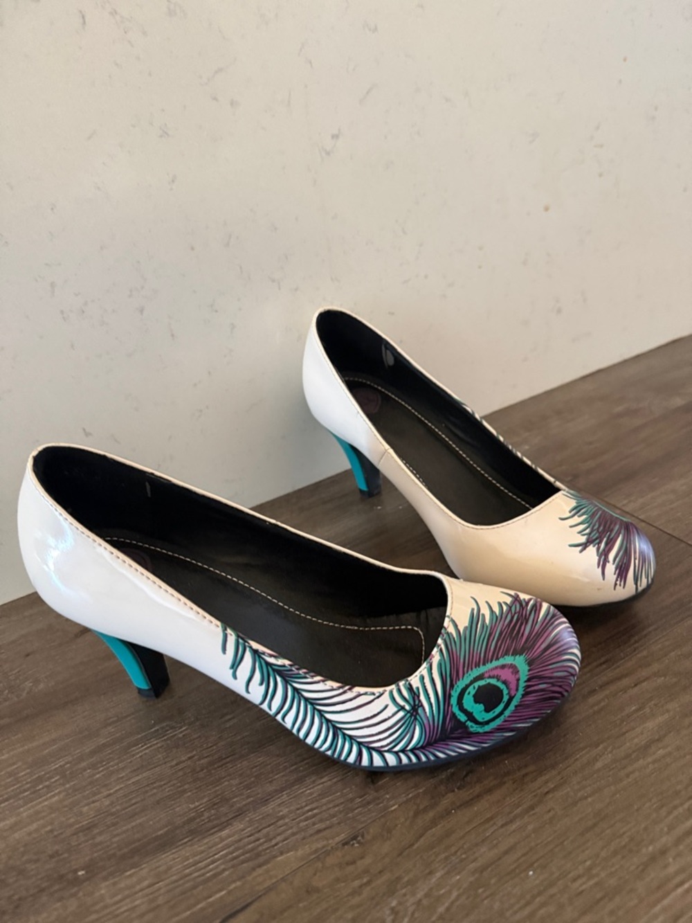 White Heels with Teal & Purple Peacock Feather Accent - Picture 5 of 9